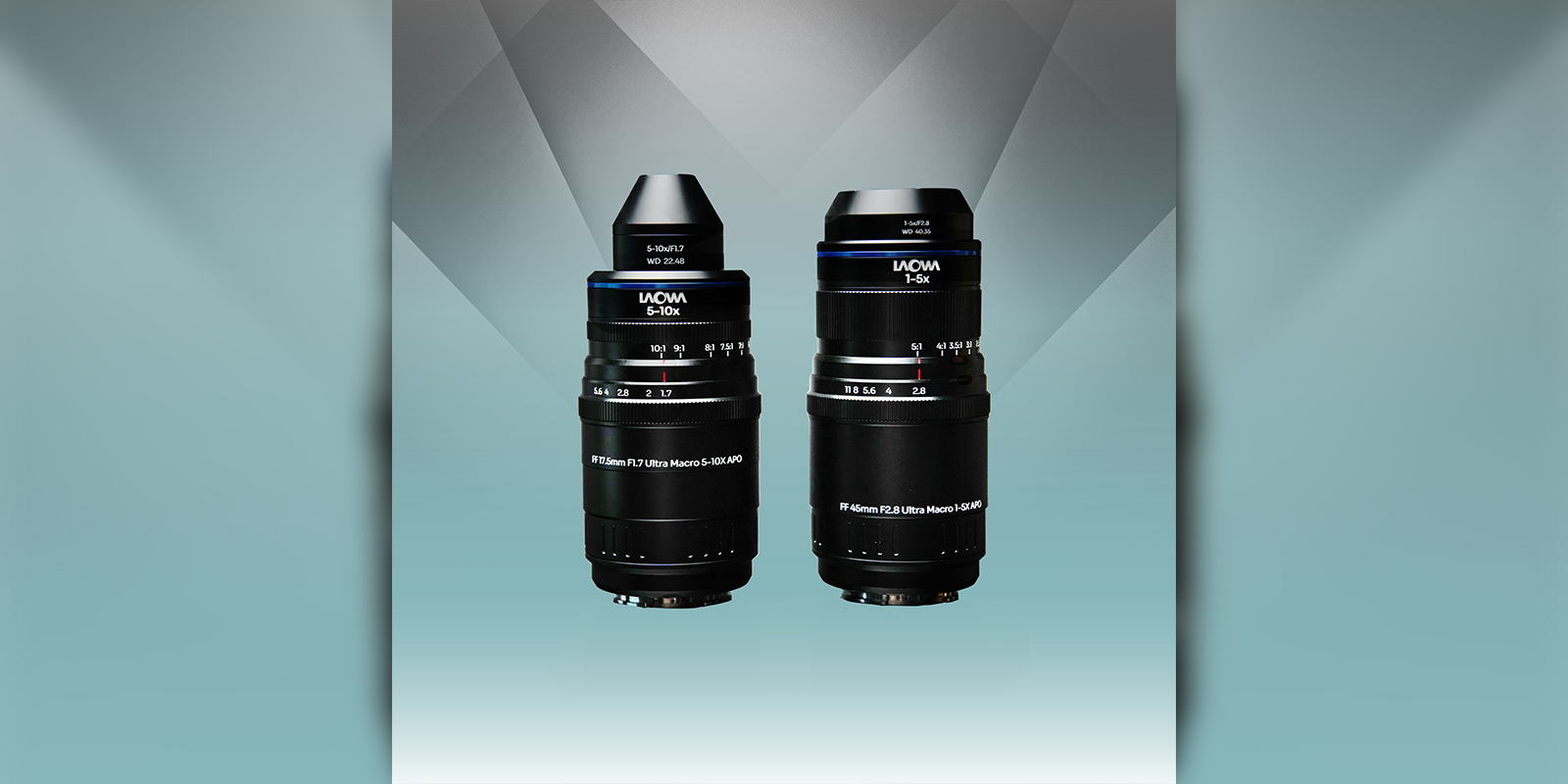 Two Laowa lenses on a blue background