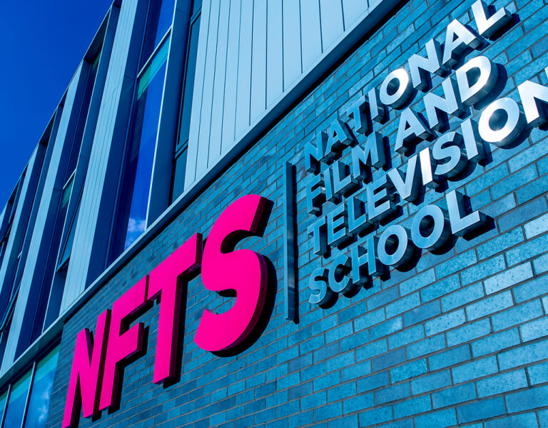 The NFTS logo on the side of a building