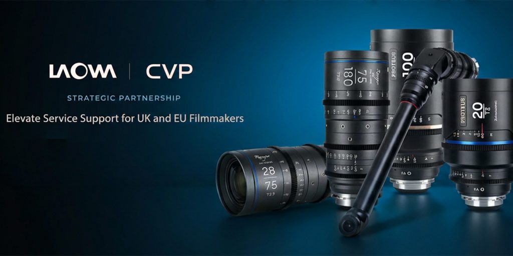 A group of lenses next to a Laowa and CVP logo