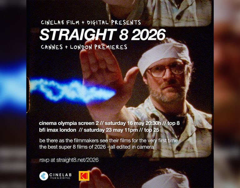 A poster for Straight 8 showing a man shooting lasers out of his hand