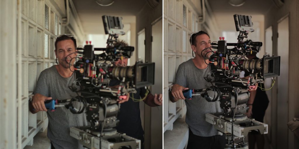 Two similar side-by-side photos show a man operating a large professional film camera rig in a corridor, with another person partially visible behind him. The man is smiling and wearing a grey T-shirt.