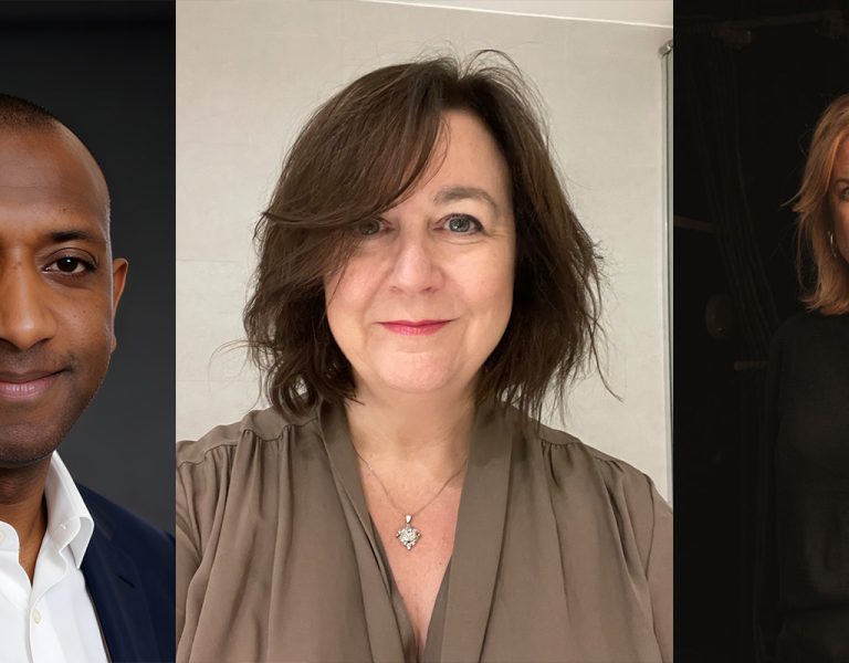 Headshots of three people in side by side images