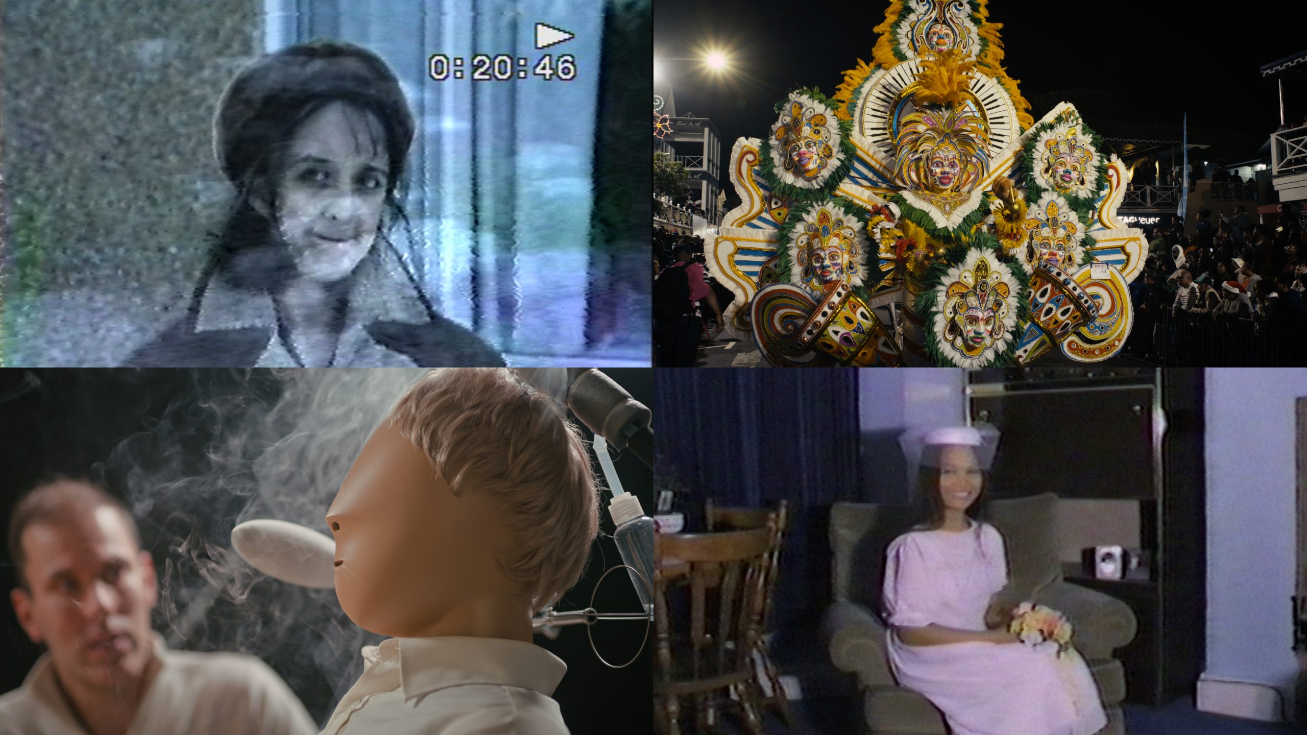A collage of four images: a woman in a dark veil on a grainy video screen, a colourful parade float at night, a mannequin head with a spoon near its mouth, and a woman in a graduation cap and gown holding flowers.