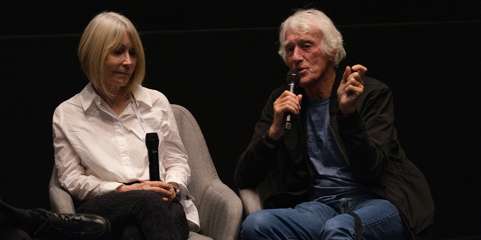 James and Roger Deakins speaking during a panel