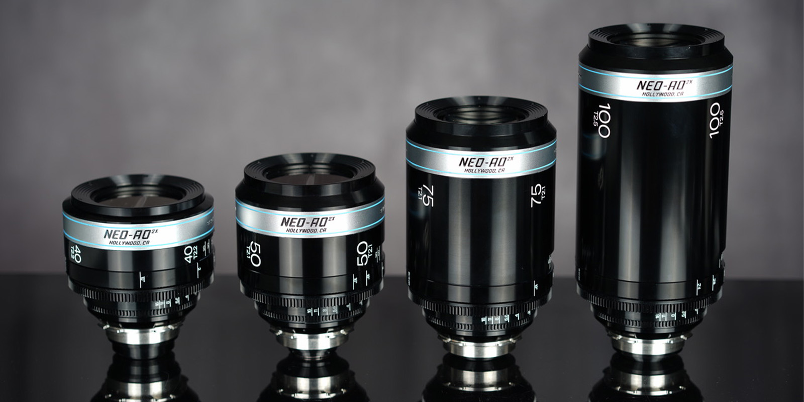 A selection of lenses against a grey background