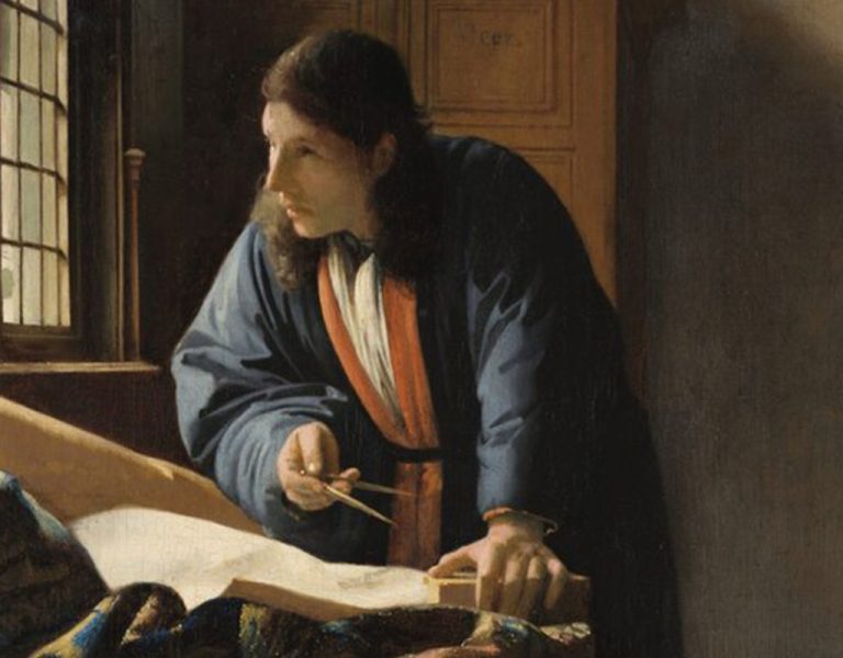A person wearing a blue robe stands by a window, leaning over a table with a compass in hand, looking outside whilst examining a large map or chart. Sunlight streams through the window, illuminating the scene.