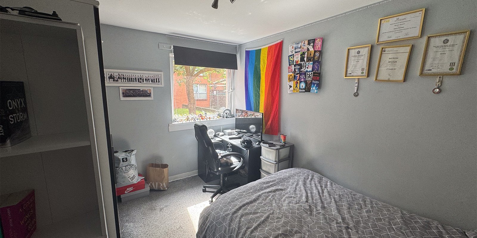 A bedroom with grey walls