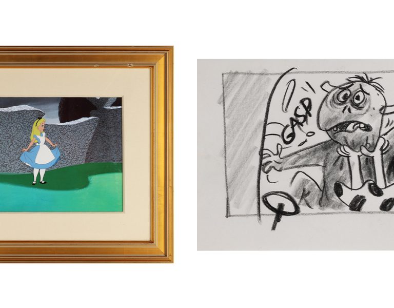 Two artworks side by side; one from Alice in Wonderland, the other from Monsters Inc