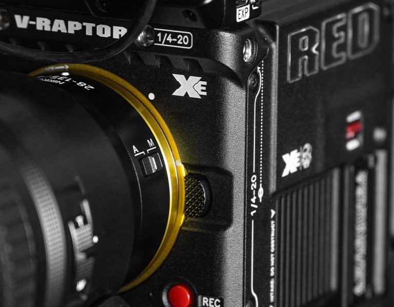 A close-up of a RED cinema camera
