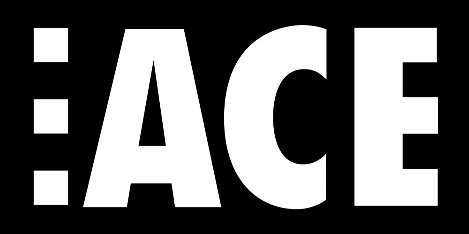 A white ACE logo on a black background