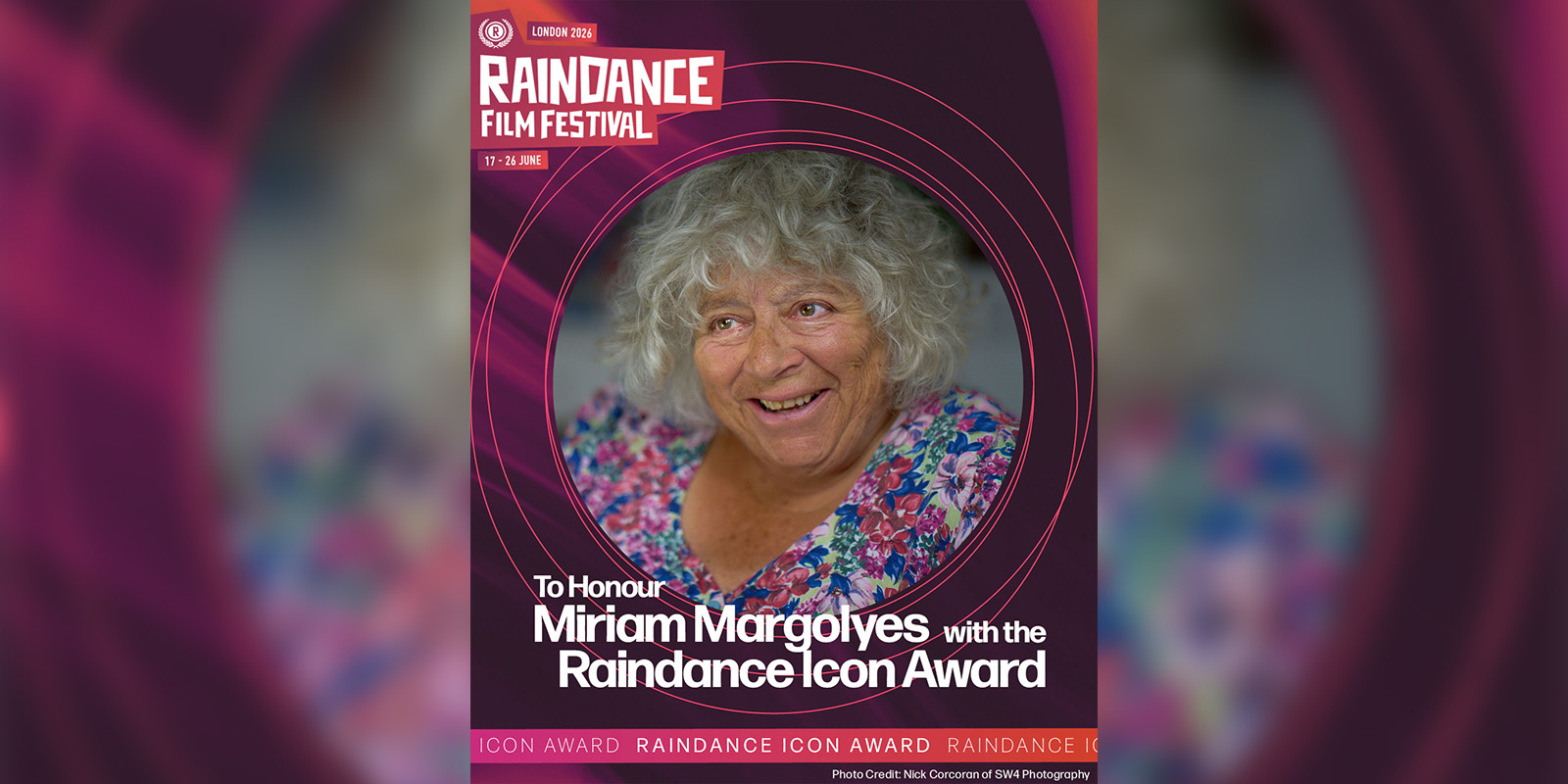 Miriam Margolyes smiling in a poster for her Icon Award