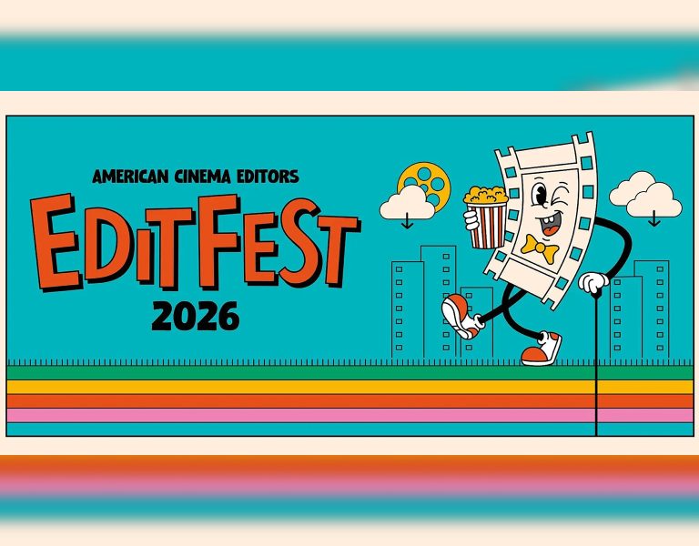 A colorful EditFest poster with a walking film reel