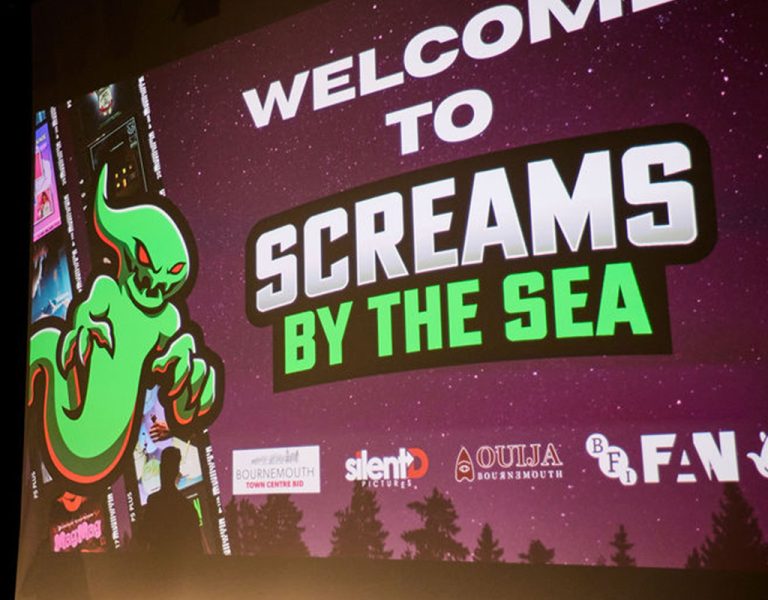A person presenting in front of the Screams By The Sea poster